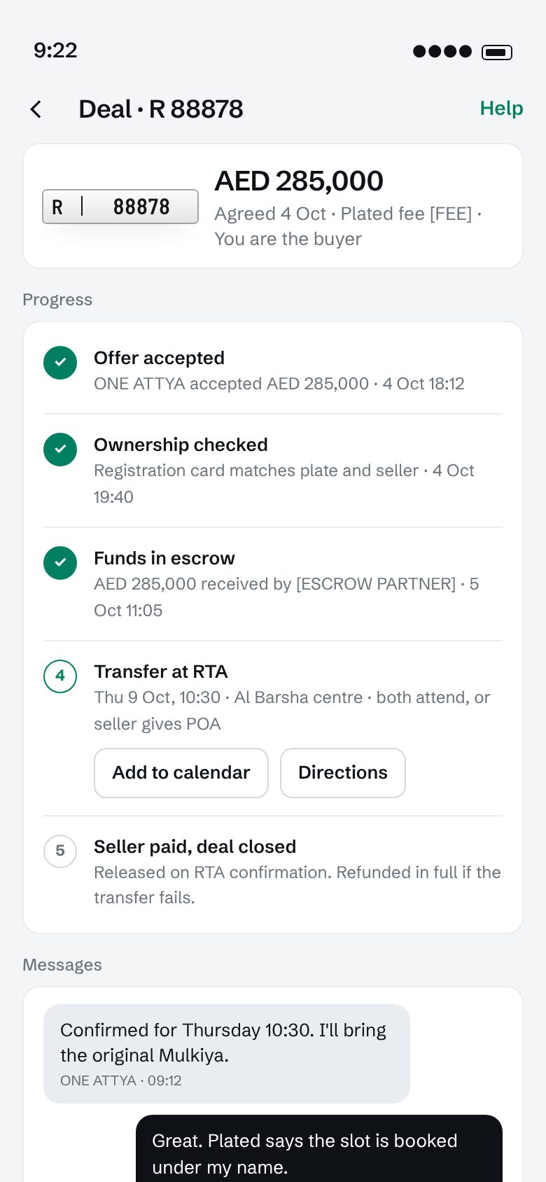 Plated deal room showing escrow progress and RTA transfer step